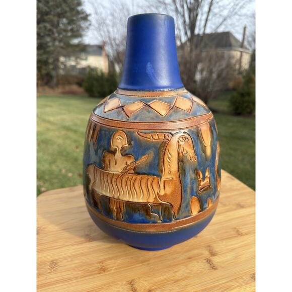 Mid-Century Modern Pergamon Decor Art Pottery Vase Relief Figures Blue 13” Tall - Picture 1 of 8